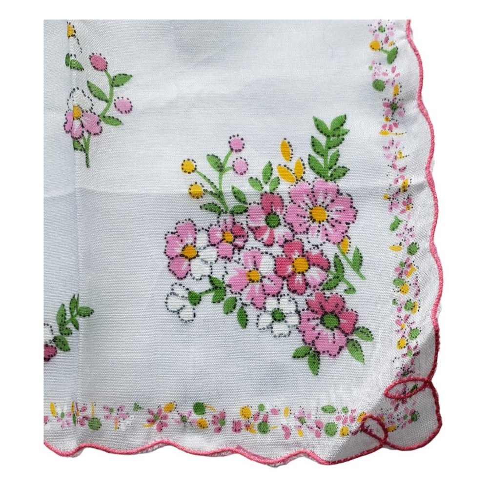 Vintage Ladies Handkerchief /Hankies Pink Scalloped Flower Bunches - Picture 3 of 5